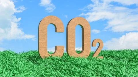 Carbon Dioxide CO2 Emissions Concept in Green Grass Field 3d render.. Illustrazione stock