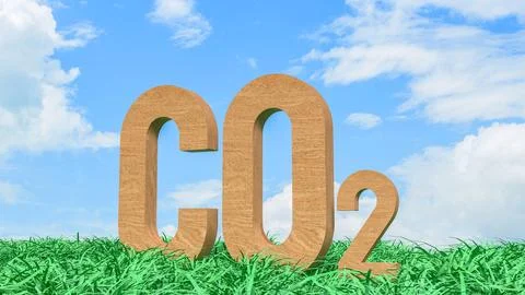 Carbon Dioxide CO2 Emissions Concept in Green Grass Field 3d render.. Illustrazione stock