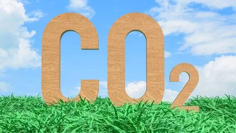 Carbon Dioxide CO2 Emissions Concept in Green Grass Field 3d render.. Stock Illustration