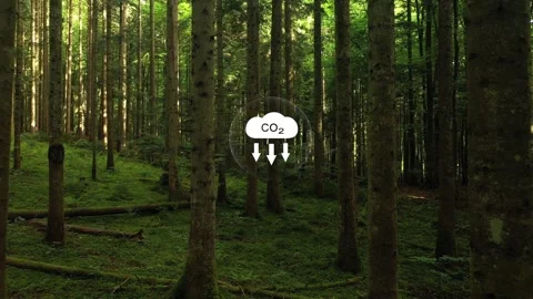 Carbon dioxide symbol inside beautiful green forest trees landscape Stock Footage 340585635