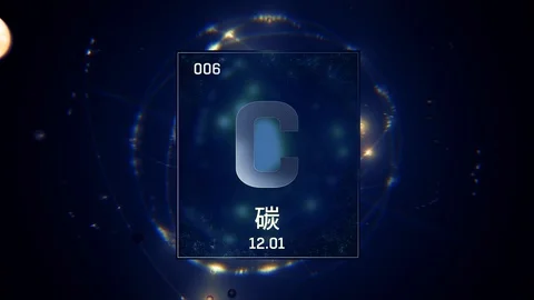 Carbon as Element 6 of the Periodic Table 3D animation on blue background Video stock 126461858