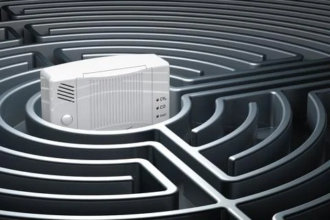 Carbon monoxide detector inside labyrinth, maze. 3D rendering Stock Illustration
