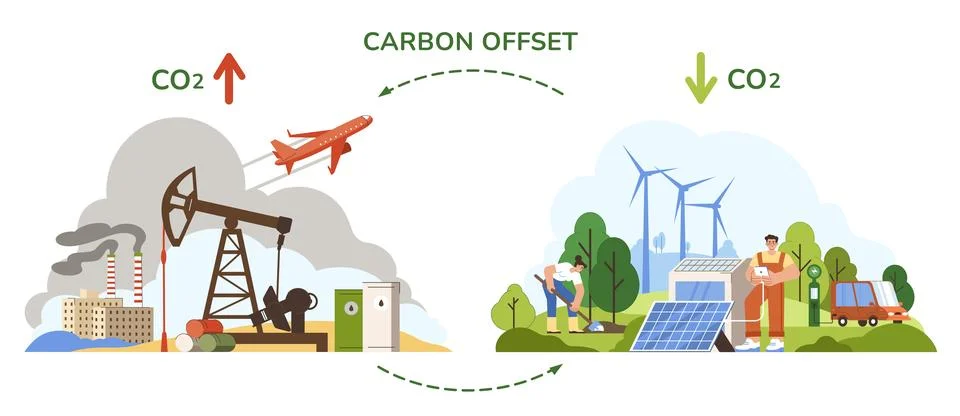 Carbon offset compensation, reduce CO2 pollution or net zero emissions in Stock Illustration