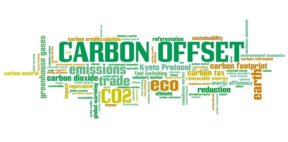 Carbon offset - international environmental issues and concepts tag cloud ill Stock Illustration