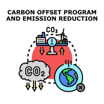 Carbon offset program balancing emission reduction for climate Stock Illustration