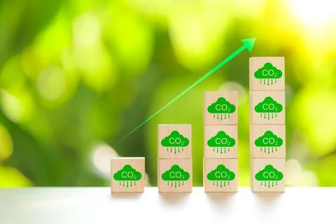 Carbon reduction icon with arrow up for decrease CO2. Net zero and carbon Stock Photos