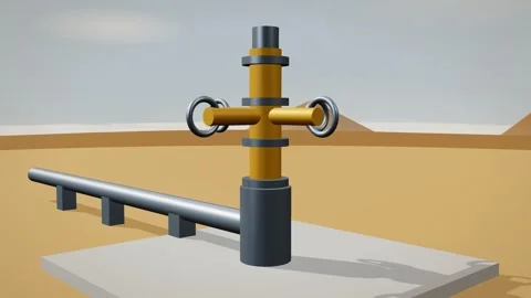 Carbon storage injection wellhead on a desert site seen from a low angle Stock Footage 343059869