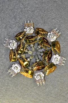 Carbon variable resistors, single-turn, paired, in a metal case. Stock-Fotos