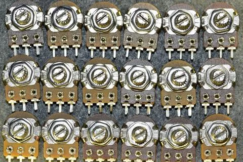 Carbon variable resistors, single-turn, paired, in a metal case. Stock-Fotos