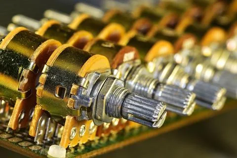 Carbon variable resistors, single-turn, paired, in a metal case. Stock Photos