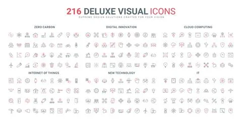 Carbon zero emissions, cloud computing, digital network innovation line icon set Stock Illustration