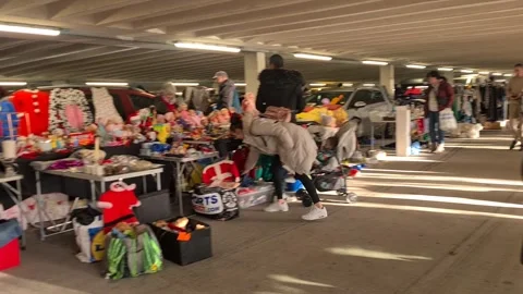 Carboot sale in a multi level carpark flea market Stock Footage 229298792