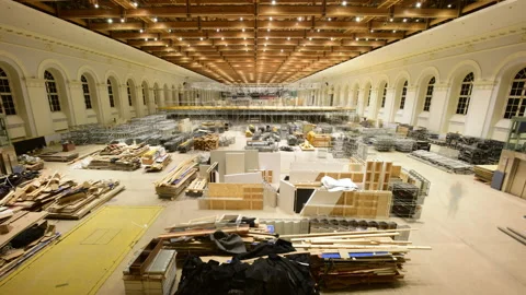 Carcass with black fabric assembling in exhibition hall 库存影片 211981803