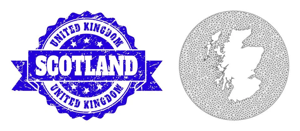 Carcass Mesh Circle Inverted Map of Scotland with Distress Seal Stock-Illustration
