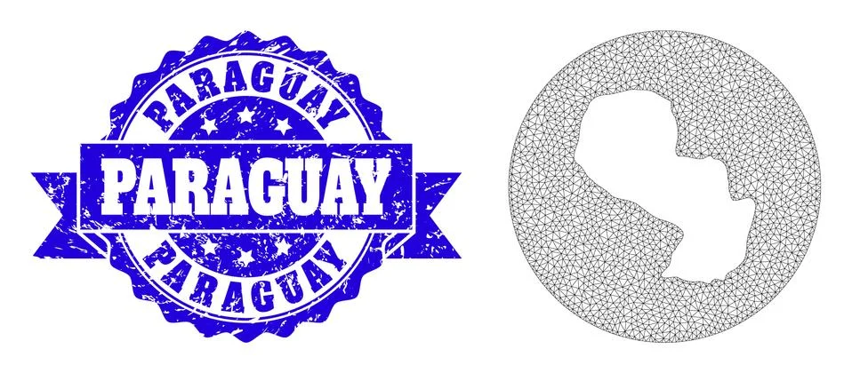 Carcass Mesh Round Inverted Map of Paraguay with Grunge Stamp イラスト素材