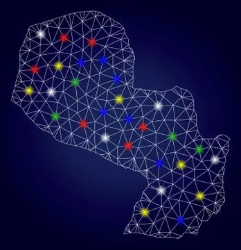 Carcass Mesh Vector Paraguay Map with Colorful Light Spots イラスト素材