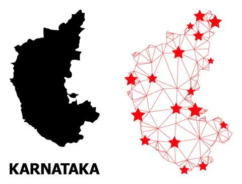 Carcass Polygonal Map of Karnataka State with Red Stars Stock Illustration