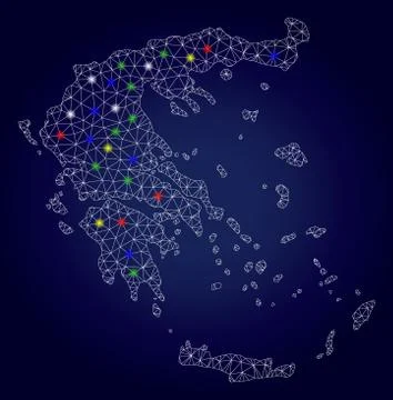 Carcass Polygonal Vector Greece Map with Colorful Glare Spots Stock Illustration