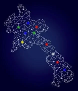 Carcass Polygonal Vector Laos Map with Bright Light Spots Illustrazione stock