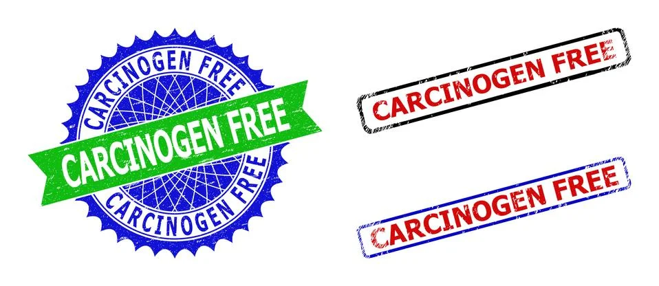 CARCINOGEN FREE Rosette and Rectangle Bicolor Badges with Unclean Textures Stock Illustration