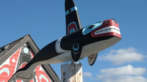 Carcross Commons: Tracking Shot of Orca Killer Whale Totem Pole Canada Stock Footage 80723566
