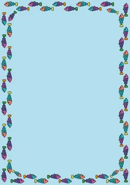 Card A4 pattern with bright fish border, made in vector. Bright fishes in row Stock Illustration