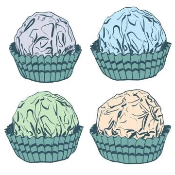 Card banner template, pattern Candy chocolate truffles in foil and paper cup. Stock Illustration