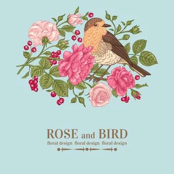 Card with bird, roses. Stock Illustration