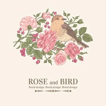 Card with bird, roses. Stock Illustration