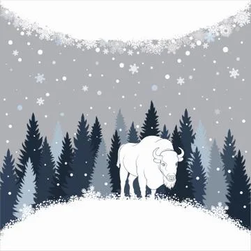 Card with bison on the forest background and snow. Winter vector background. Stock Illustration