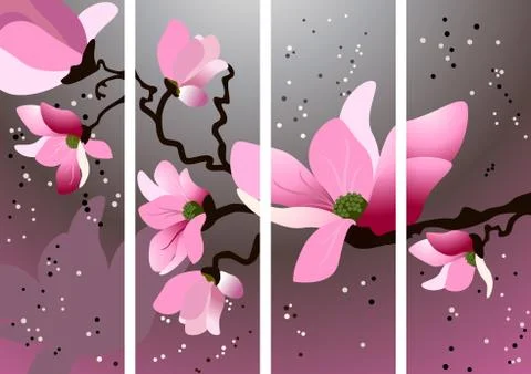 Card with blossoming oriental cherry branch Stock Illustration