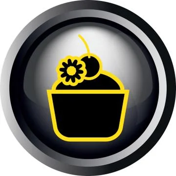 Card with a cake with candy and cherry on top, in round frame in 3d Stock Illustration