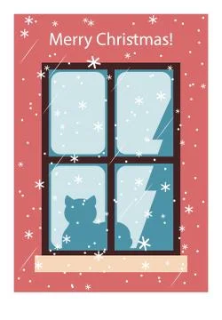 Card with a cat on the window, vector. merry Christmas! Stock Illustration