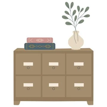 Card catalog cabinet stacking books and vase Stock Illustration
