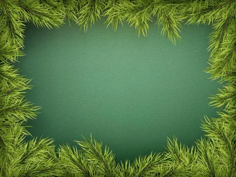 Card with Christmas tree border, realistic fir-tree branches frame on green Illustrazione stock