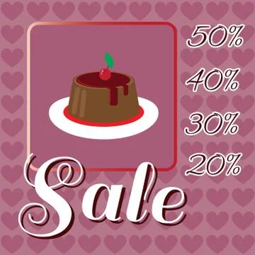 Card with a cream cake with red cherry on top over a background with hearts. Ilustração Stock