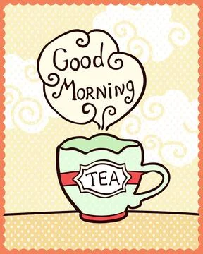 Card with cup of tea and note Good Morning. Card with cup of tea on table ... Stockfoto's