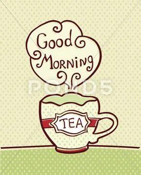 Card with cup of tea on textured background Stock Illustration