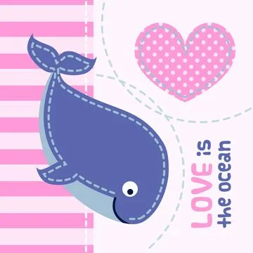 Card with cute cartoon whale in patchwork style. Card with cute cartoon wh... Stock Photos