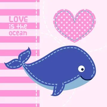 Card with cute cartoon whale in patchwork style. Card with cute cartoon wh... Stock Photos