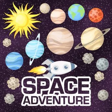 Card with different elements of space and lettering space adventure Stock Illustration