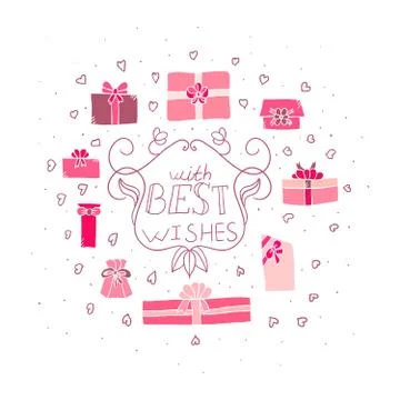 Card with doodle git box and harts and greeting with text with best wishes Stock Illustration