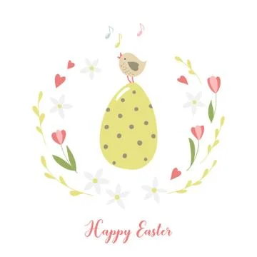 Card with Easter dotted egg and cute little bird. Stock Illustration