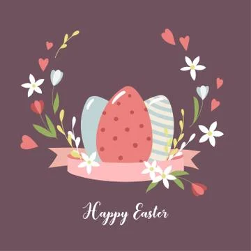 Card with Easter eggs and flowers. Stock Illustration