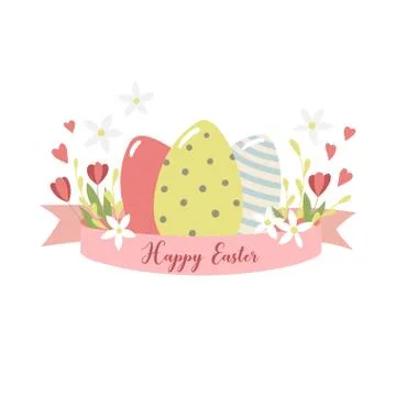 Card with Easter eggs, ribbon and flowers. Stock Illustration