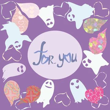 Card with ghosts and hearts in patchwork style Stock Illustration