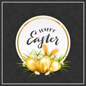 Card with Golden Easter Eggs in Grass with Rabbit Ears on Black Background Stock Illustration