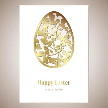 Card with golden openwork Easter egg with leaves and space for text. Laser cu Stock Illustration