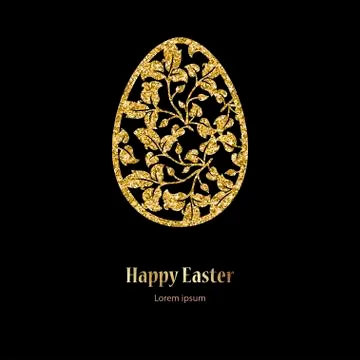 Card with golden openwork Easter egg with leaves and space for text. Stock Illustration