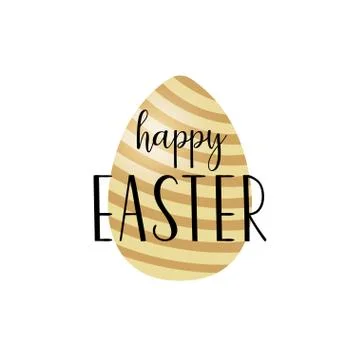 Card with golden striped Easter egg and handwritten inscription Happy Easter. Stock Illustration